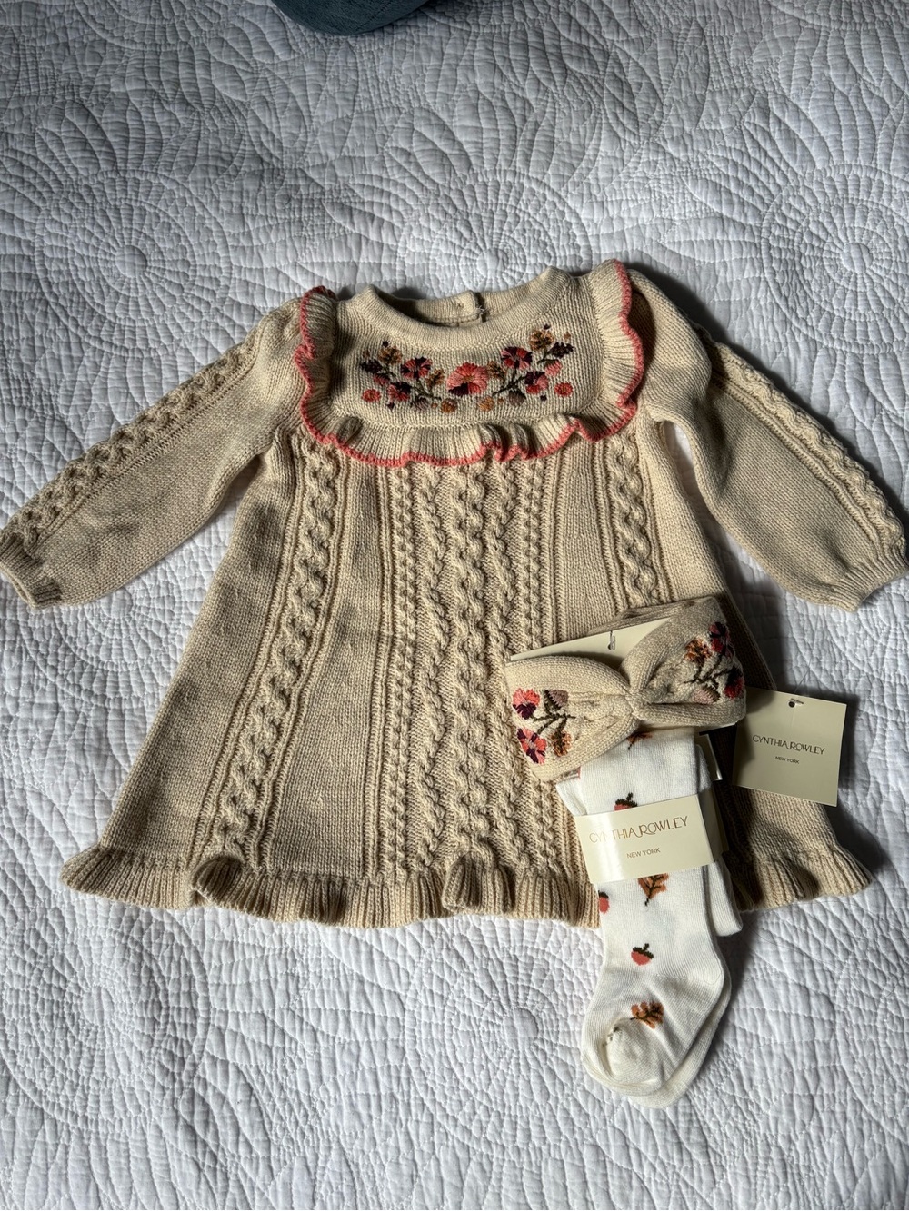 NWT Cynthia Rowley Cream Knit Floral Baby Dress with Matching Headband & Tights